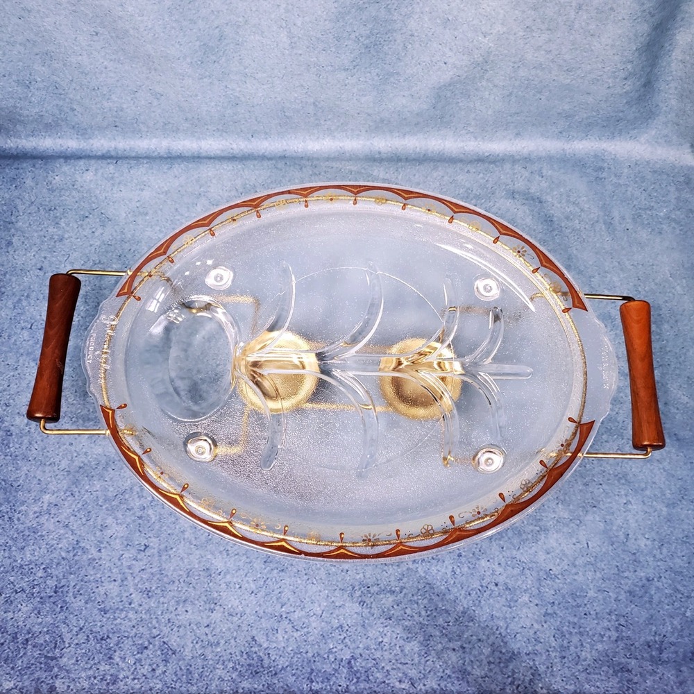 VTG Mid-Century Modern Inland Glass Meat Platter‎ & Warming Stand Teak Handles